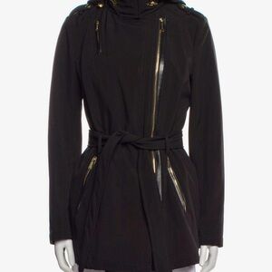 Michael Kors Black Belted Zipper Jacket with Retractable Hood & faux fur lining